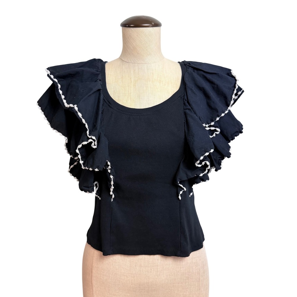 Anthropologie Black Ruffle Sleeve Ribbed Crop Top Crochet Trim XS